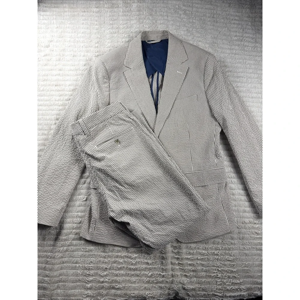Bonobos Nova Fides Italy Seersucker Suit Beige Striped 40S Blazer 32x27 Pants